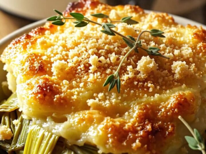 A close-up of a spoonful of creamy leek gratin with a golden cheese pull being lifted from a stoneware crockpot.