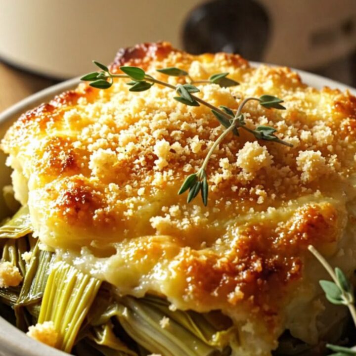 A close-up of a spoonful of creamy leek gratin with a golden cheese pull being lifted from a stoneware crockpot.