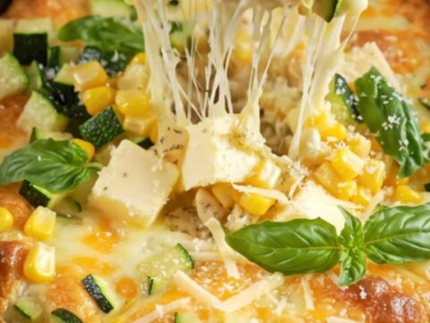 A steaming, golden sweet corn and zucchini casserole served in a white ceramic dish, topped with fresh basil.