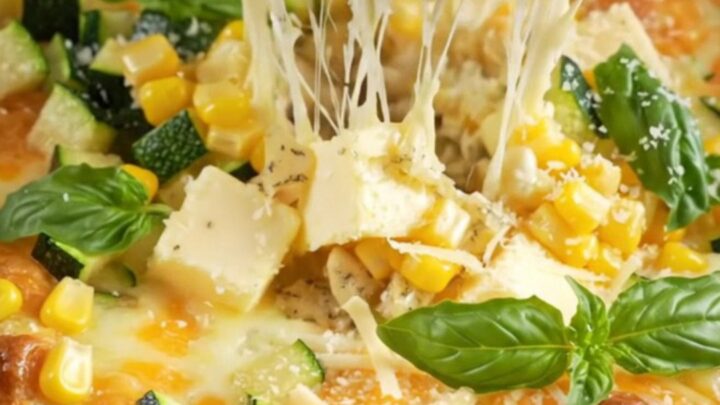 A steaming, golden sweet corn and zucchini casserole served in a white ceramic dish, topped with fresh basil.