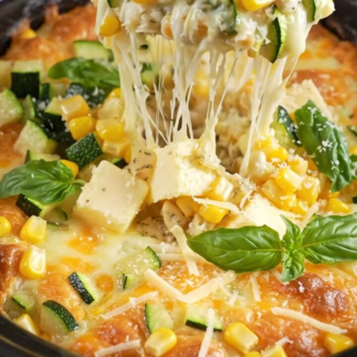 A steaming, golden sweet corn and zucchini casserole served in a white ceramic dish, topped with fresh basil.