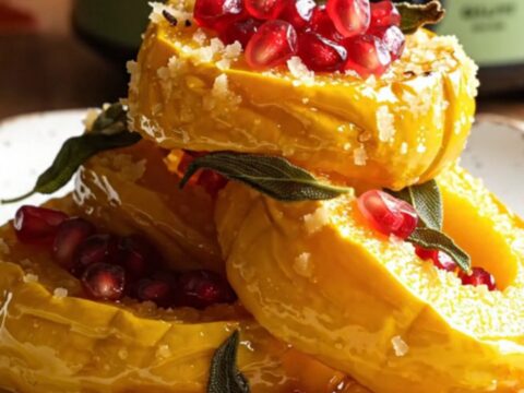 A close-up of golden brown delicata squash rings in a ceramic slow cooker, topped with parmesan and crispy sage.