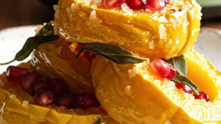 A close-up of golden brown delicata squash rings in a ceramic slow cooker, topped with parmesan and crispy sage.