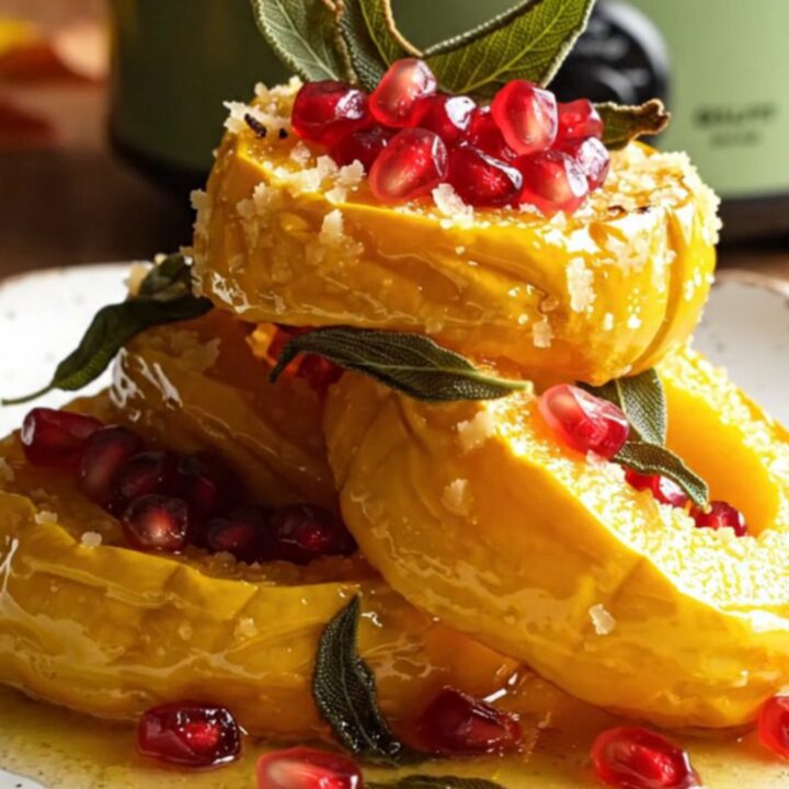 A close-up of golden brown delicata squash rings in a ceramic slow cooker, topped with parmesan and crispy sage.