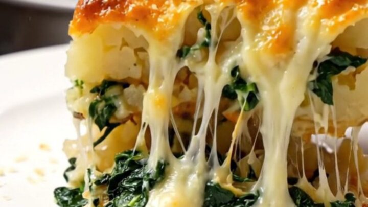 A steaming, creamy spinach and artichoke potato bake in a charcoal slow cooker with a cheese pull.
