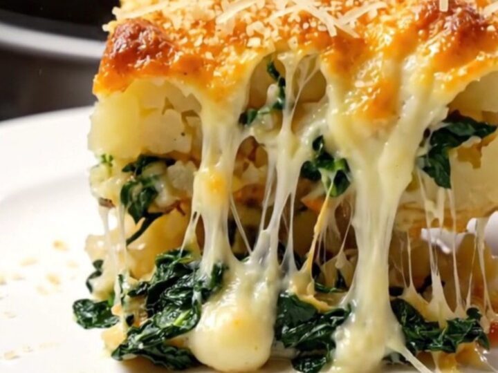 A steaming, creamy spinach and artichoke potato bake in a charcoal slow cooker with a cheese pull.