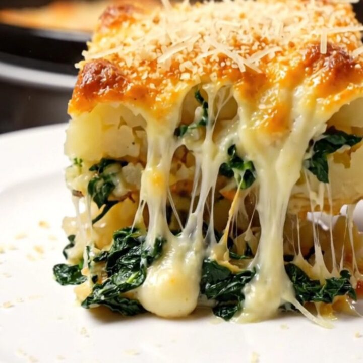 A steaming, creamy spinach and artichoke potato bake in a charcoal slow cooker with a cheese pull.