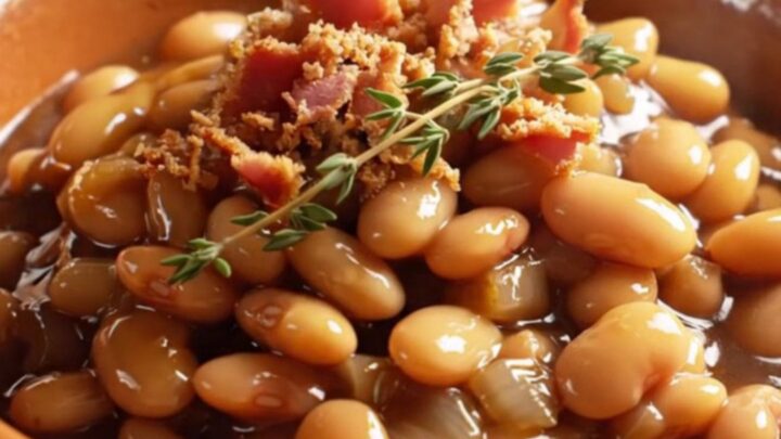 A ceramic slow cooker filled with maple bourbon butter beans topped with fresh thyme.