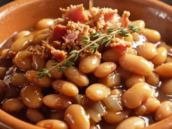 A ceramic slow cooker filled with maple bourbon butter beans topped with fresh thyme.