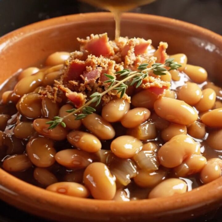 A ceramic slow cooker filled with maple bourbon butter beans topped with fresh thyme.