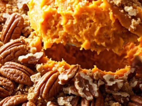 A warm, steaming portion of sweet potato casserole topped with a golden, crunchy pecan praline crust in a ceramic bowl.