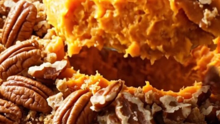A warm, steaming portion of sweet potato casserole topped with a golden, crunchy pecan praline crust in a ceramic bowl.