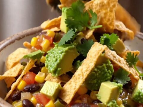 A close-up shot of a loaded fiesta corn and black bean casserole in a slow cooker with steam rising.