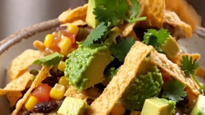A close-up shot of a loaded fiesta corn and black bean casserole in a slow cooker with steam rising.