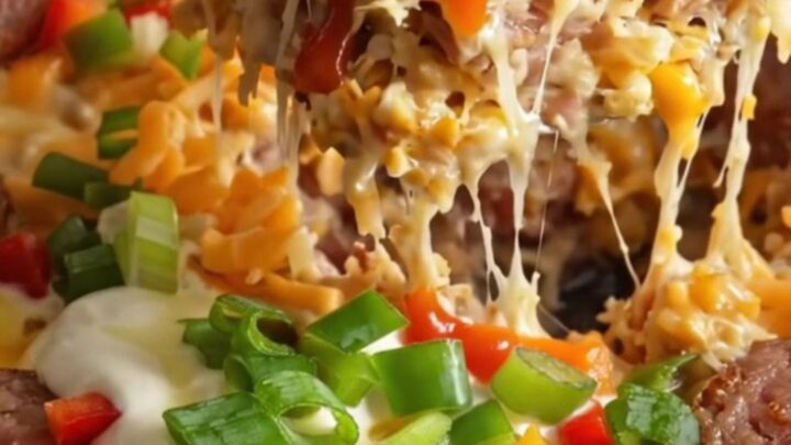 A steaming, hearty scoop of cheesy sausage and hashbrown casserole in a glossy red ceramic slow cooker.