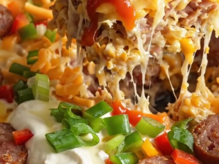 A steaming, hearty scoop of cheesy sausage and hashbrown casserole in a glossy red ceramic slow cooker.