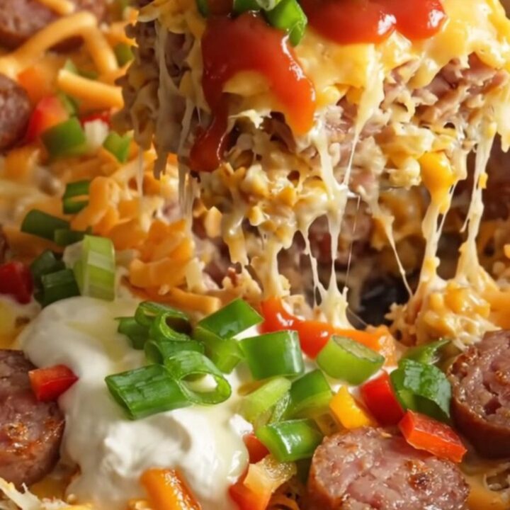A steaming, hearty scoop of cheesy sausage and hashbrown casserole in a glossy red ceramic slow cooker.