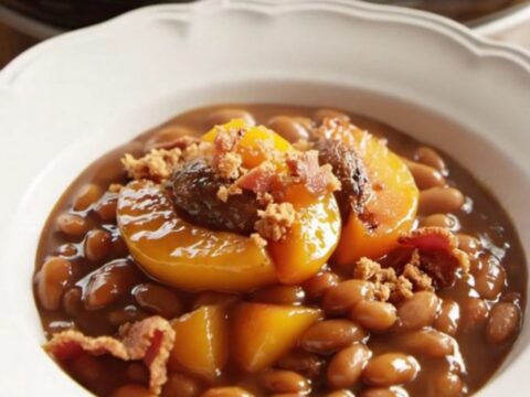 A close-up of a bowl filled with bourbon peach baked beans, garnished with grilled peach slices and crispy bacon.