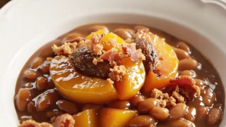 A close-up of a bowl filled with bourbon peach baked beans, garnished with grilled peach slices and crispy bacon.