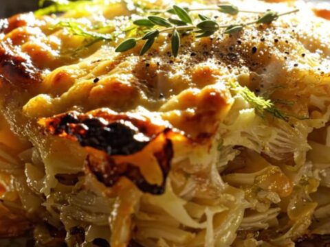 A close-up of a steaming portion of fennel and potato gratin served in a white bowl with fresh green fronds.