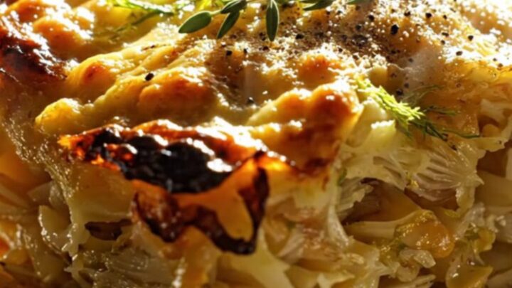 A close-up of a steaming portion of fennel and potato gratin served in a white bowl with fresh green fronds.