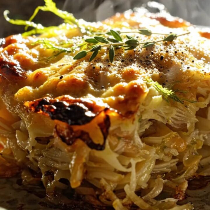 A close-up of a steaming portion of fennel and potato gratin served in a white bowl with fresh green fronds.