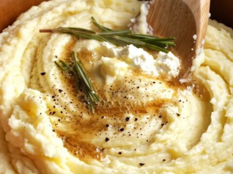 A white stoneware Crockpot filled with creamy, whipped parsnip and potato mash, topped with fresh rosemary.