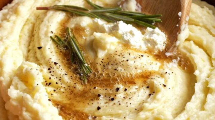 A white stoneware Crockpot filled with creamy, whipped parsnip and potato mash, topped with fresh rosemary.