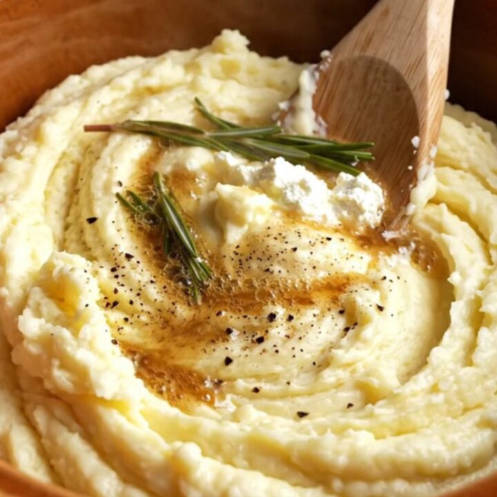 A white stoneware Crockpot filled with creamy, whipped parsnip and potato mash, topped with fresh rosemary.