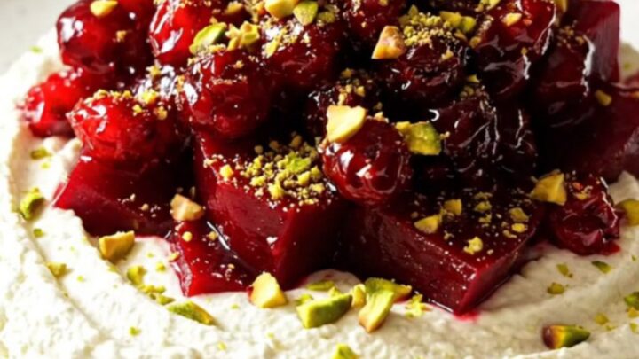 Slow-cooker cranberry orange glazed beets arranged over whipped chevre cheese with pistachios on a platter.