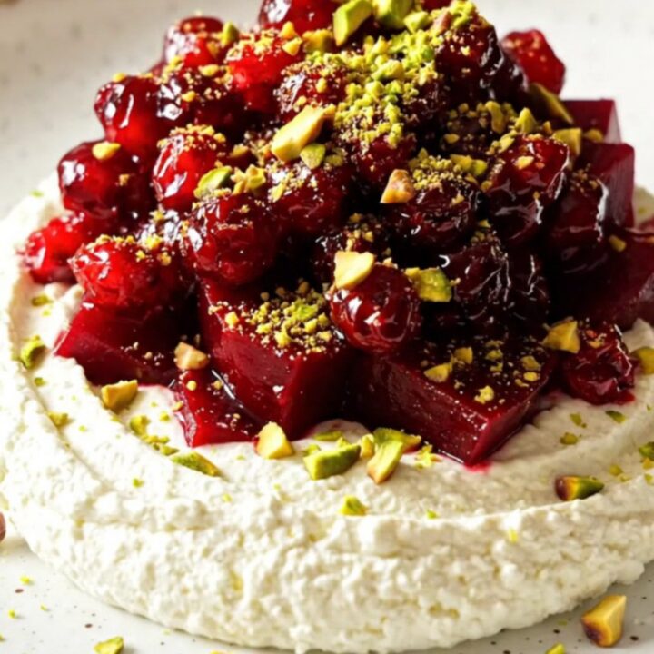 Slow-cooker cranberry orange glazed beets arranged over whipped chevre cheese with pistachios on a platter.