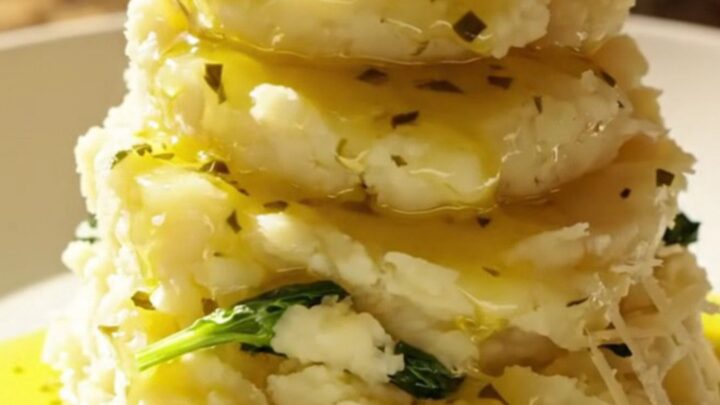 A vibrant bowl of creamy Tuscan mashed potatoes topped with sun-dried tomatoes and fresh baby spinach.