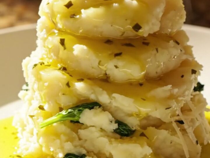 A vibrant bowl of creamy Tuscan mashed potatoes topped with sun-dried tomatoes and fresh baby spinach.