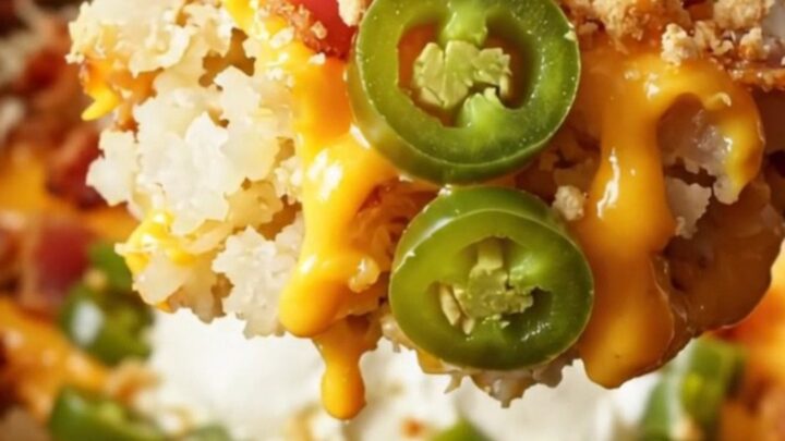 A steaming scoop of creamy jalapeño popper hashbrown casserole topped with crispy bacon and panko crumbs.
