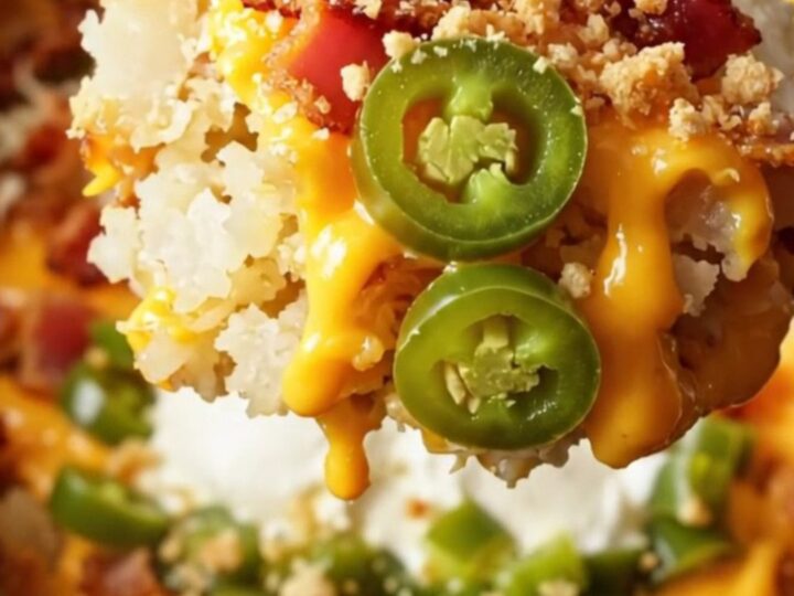 A steaming scoop of creamy jalapeño popper hashbrown casserole topped with crispy bacon and panko crumbs.