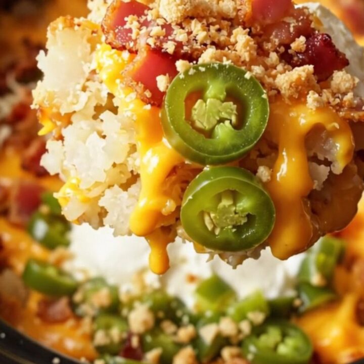 A steaming scoop of creamy jalapeño popper hashbrown casserole topped with crispy bacon and panko crumbs.