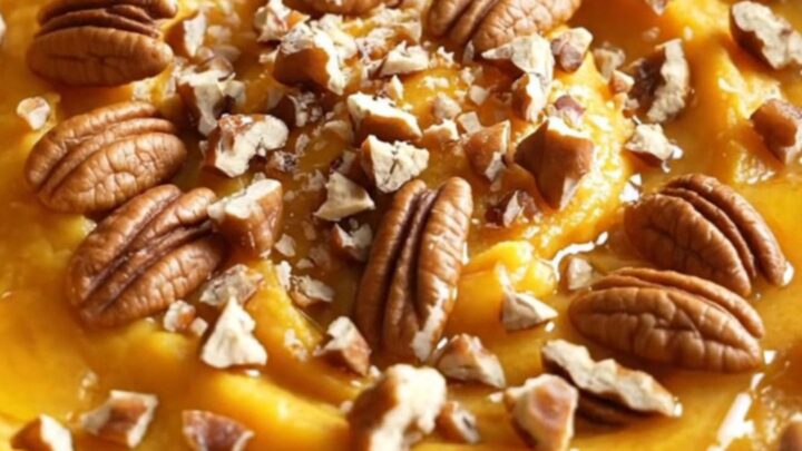 A warm bowl of silky maple brown butter mashed butternut squash topped with candied pecans.