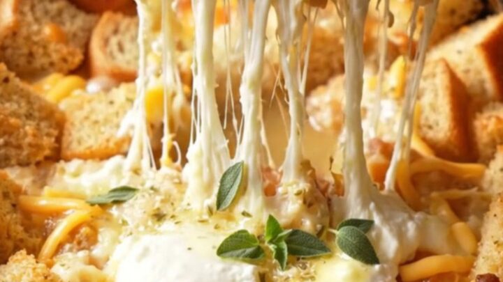 A close-up of a slow cooker filled with a bubbly, golden-brown four-cheese garlic bread stuffing casserole.