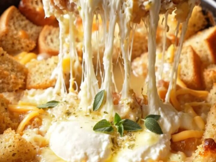 A close-up of a slow cooker filled with a bubbly, golden-brown four-cheese garlic bread stuffing casserole.