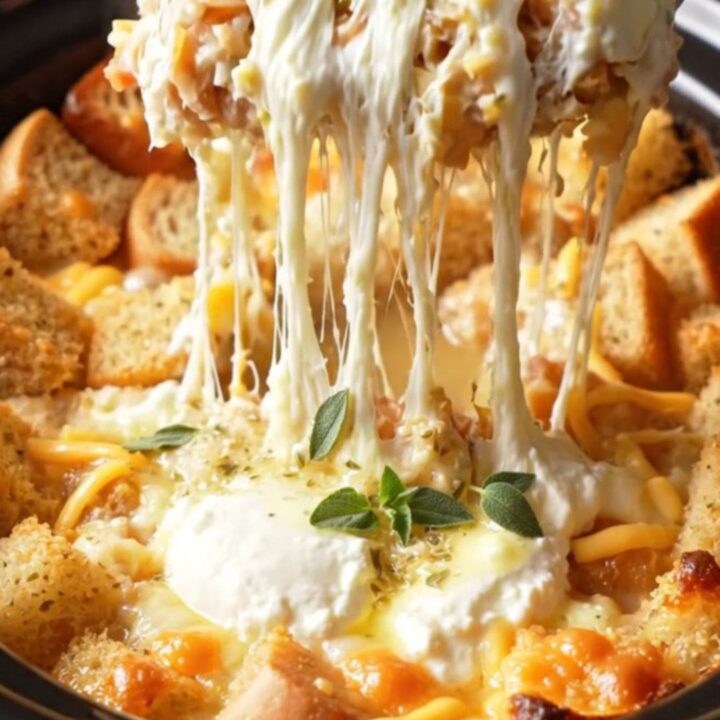 A close-up of a slow cooker filled with a bubbly, golden-brown four-cheese garlic bread stuffing casserole.