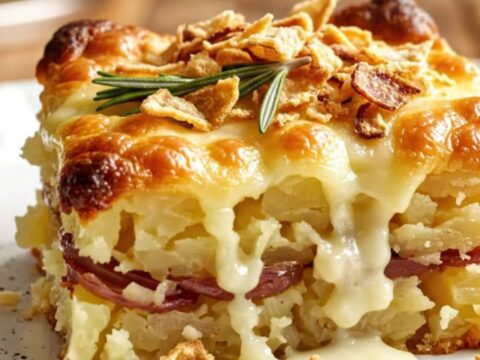 A decadent slice of caramelized shallot and Fontina potato gratin with visible layers and bubbling cheese sauce.