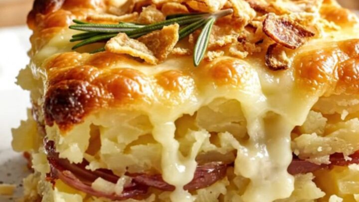 A decadent slice of caramelized shallot and Fontina potato gratin with visible layers and bubbling cheese sauce.