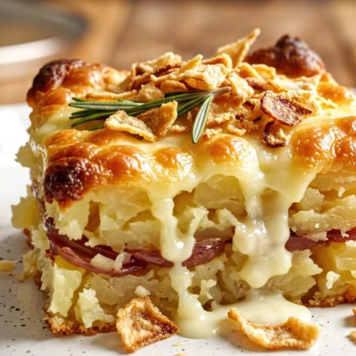 A decadent slice of caramelized shallot and Fontina potato gratin with visible layers and bubbling cheese sauce.