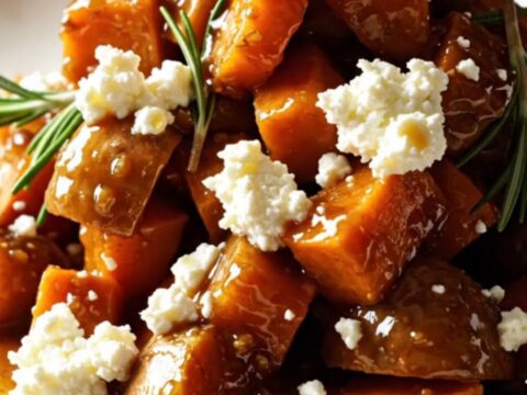 A close-up of honey balsamic fig glazed root vegetables in a ceramic crockpot, showing carrots, parsnips, and sweet potatoes.