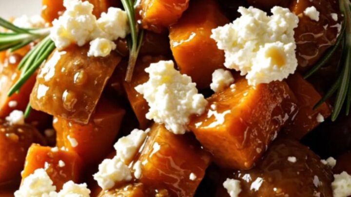 A close-up of honey balsamic fig glazed root vegetables in a ceramic crockpot, showing carrots, parsnips, and sweet potatoes.