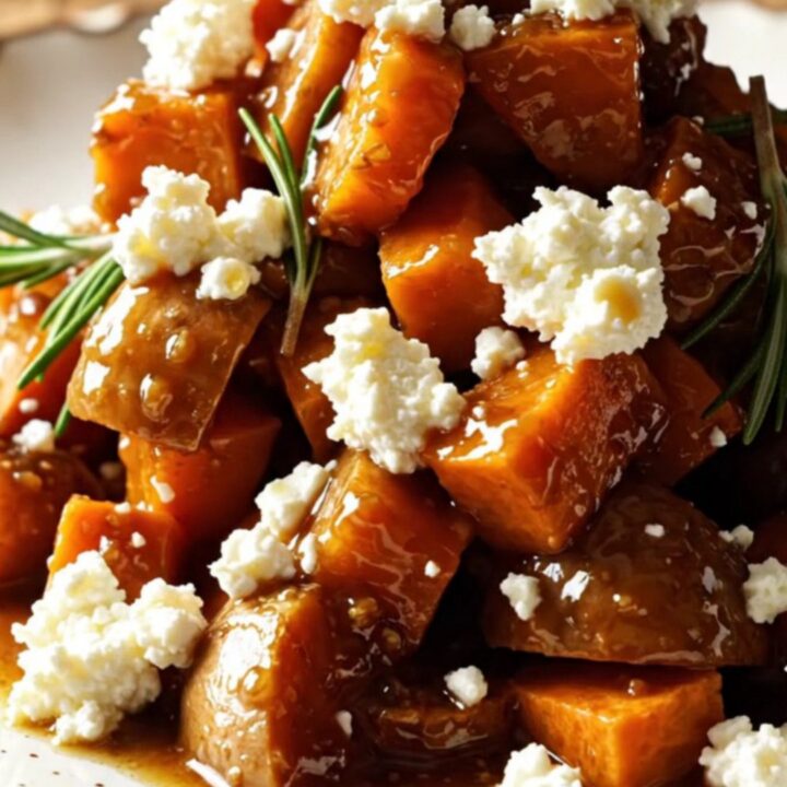 A close-up of honey balsamic fig glazed root vegetables in a ceramic crockpot, showing carrots, parsnips, and sweet potatoes.