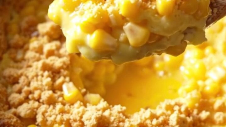 A golden, creamy Amish scalloped corn casserole in a vintage cream ceramic slow cooker with a buttery cracker crust.