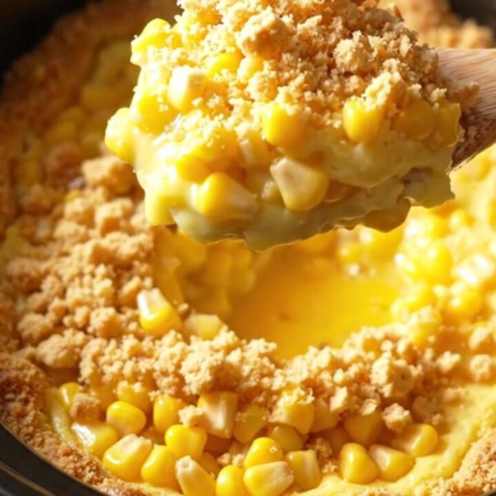 A golden, creamy Amish scalloped corn casserole in a vintage cream ceramic slow cooker with a buttery cracker crust.