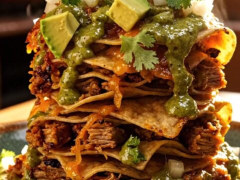 A steaming Crockpot filled with pulled pork, green chiles, and melted cheese.