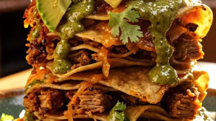 A steaming Crockpot filled with pulled pork, green chiles, and melted cheese.